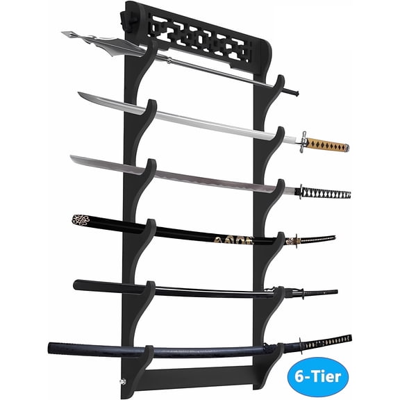 Petoto 6-Tier Wall-Mounted Sword Stand - Black Samurai Katana Display Rack, Wall Hanger for Katana, Wakizashi, and Standard Swords