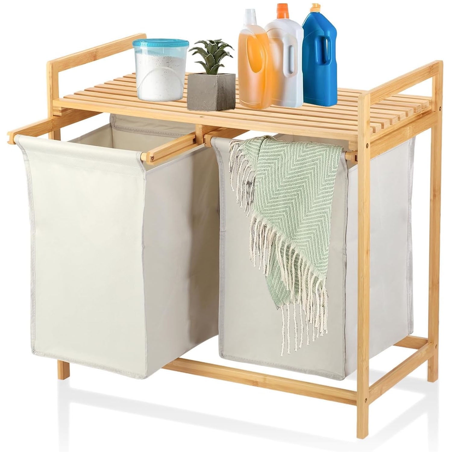tonchean Bamboo Laundry Hamper and Shelf Dual Compartments Laundry