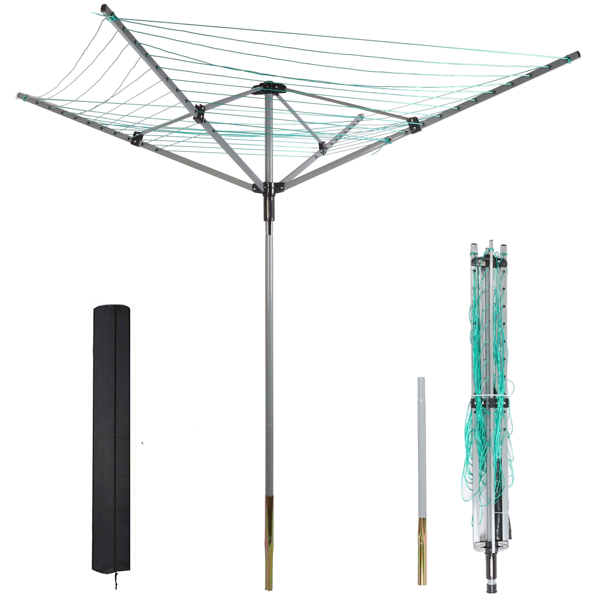 tonchean Rotary Outdoor Umbrella Drying Rack Aluminum - Adjustable 70.9  Height 12 Lines with 165 ft. Clothesline