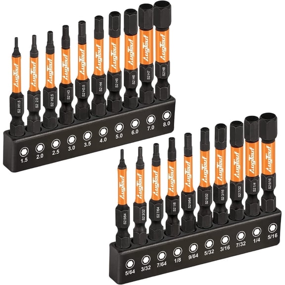 toolant Impact Hex Head Allen Wrench Drill Bit Set 20pcs Metric SAE 1/4 in Hex Shank S2 Steel CNC Machined Magnetic 2 in for Home Repair Automotive