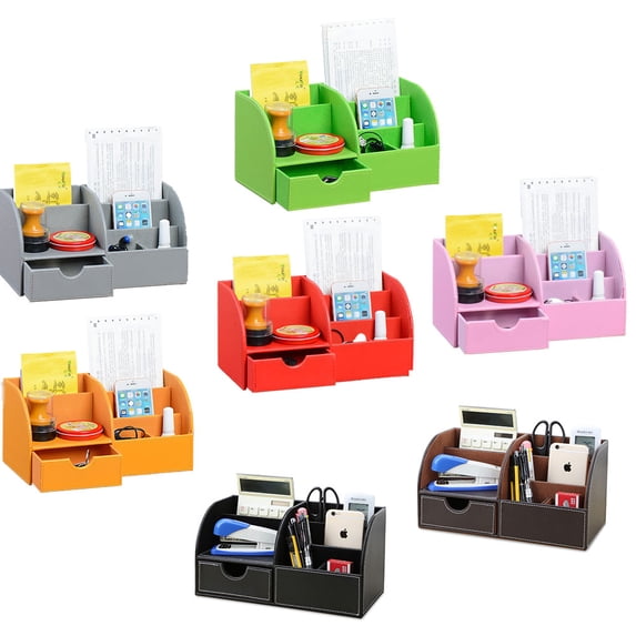 tooloflife PU Leather Office Desk Organiser 6 Compartments and 1 Pull Out Drawer Multifunctional Pen Holder Storage Box