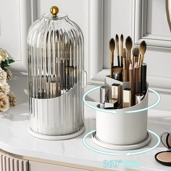 Birdcage-Style 360° Rotating Toothpaste and Toothbrush Holder with Glass Cover (White )