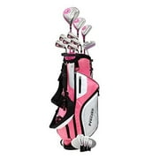 top line ladies pink right handed m5 golf club set, includes: driver, wood, hybrid, no. 5,6,7,8,9, pw stainless steel irons, putter, graphite shafts for woods & irons, stand bag & 3 head covers