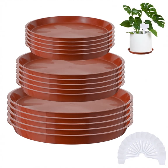 topjuju 15 Pcs Large Plant Saucers, 10/12/14 inches Plastic Plant Trays to Catch Water, Extra Large Plant Saucer with Labels, Heavy Duty Plant Drip Trays for Plant Pots Indoors Outdoors