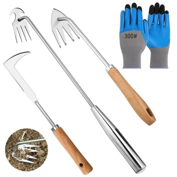topjuju 3 Pack Weed Puller Tool, Manual Hand Weeder Paver with Garden Gloves, Stainless Steel Crack Weeder, Paving Brick Moss Removal, L-Shape Gardening Crack Sickle for Lawn Edger Driveway