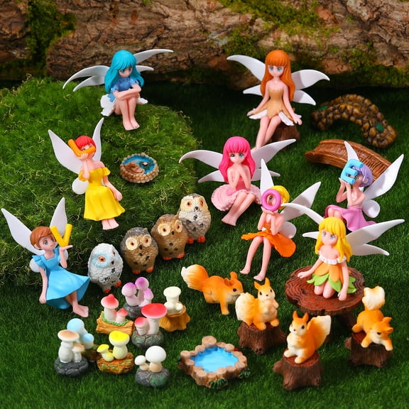 topjuju 33 Pcs Miniatures Fairy Garden Accessories, Mini Resin Fairy Figurines with "LOVE" Word, Cute Tiny Squirrel Owl Mushroom Pond Bridge for DIY Home Outdoor Micro Landscape Terrarium Ornaments