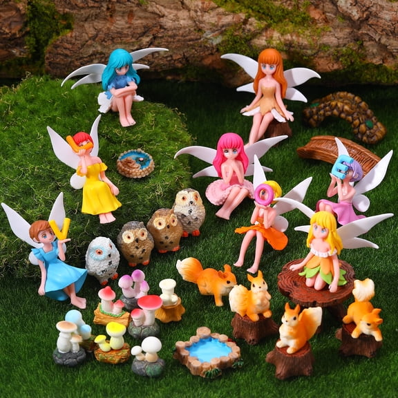 topjuju 33 Pcs Miniatures Fairy Garden Accessories, Mini Resin Fairy Figurines with "LOVE" Word, Cute Tiny Squirrel Owl Mushroom Pond Bridge for DIY Home Outdoor Micro Landscape Terrarium Ornaments