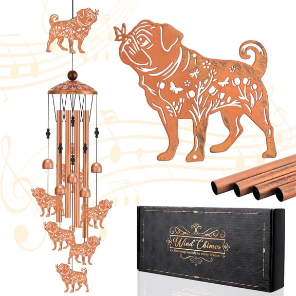 topjuju 35" Pug Dog Wind Chimes, Metal Wind Chimes for Outdoor, Outdoor Pug Decor Ornament for Garden Patio, Pug Dog Lover Gifts, Housewarming/Festival/Birthday Gifts, Memorial Gifts for Lost of Dog