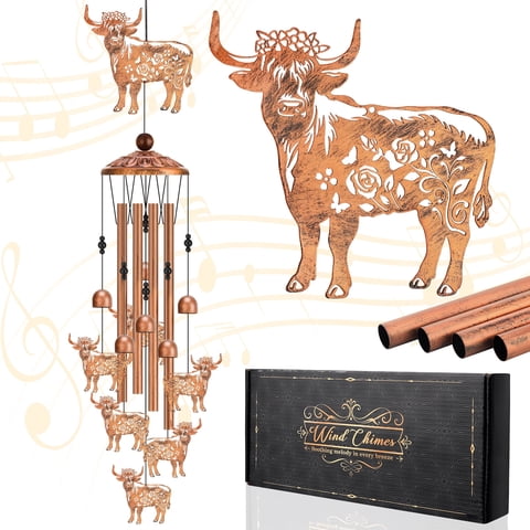 topjuju 36" Highland Cow Wind Chimes, Best Highland Cow Gifts for Mom Grandma Friends, Outdoor Highland Cow Decor for Garden Yard, Metal Wind Chimes for Outside, Memorial Sympathy Windchimes