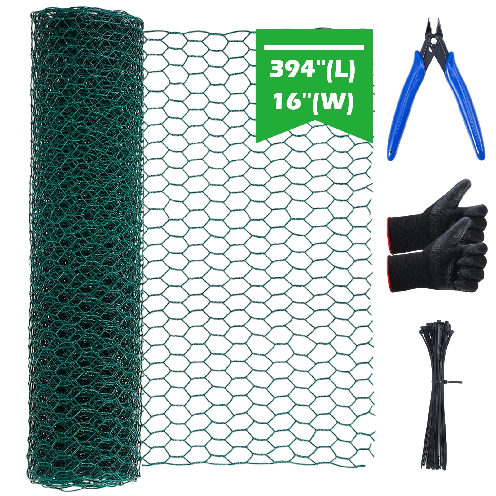 topjuju Chicken Wire Fencing Set , 15 x 394 Inches Green Chicken Wire Mesh with 50 Twist Ties, Pliers and Gloves, 0.6 Inch Hexagonal Galvanized PVC Coated Netting Fence for Crafts, Poultry, Garden