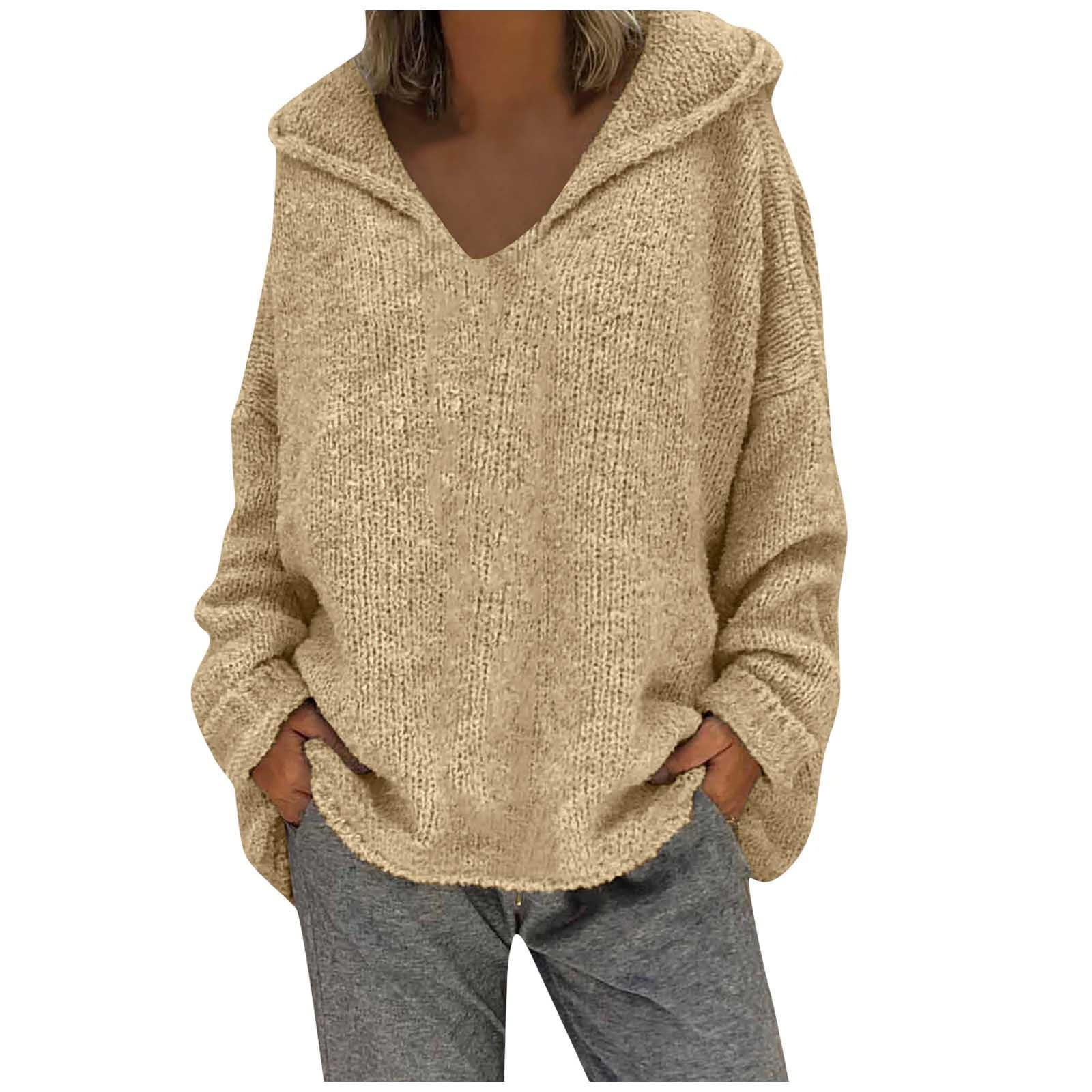 Tops Fashion Size Women Hood Long Sweater Sleeves Color Solid Large Loose Sweater  Long Sweaters to Wear with Leggings 