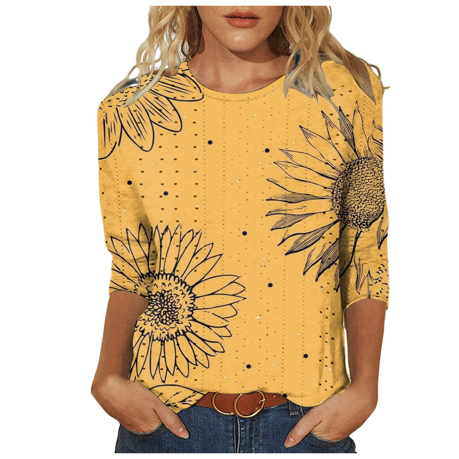 toraway Casual Cute Tops for Teens Not Cropped Womens Dressy Tops 3 4 Length Sleeve Summer Crew Neck Tshirts Flower Printing Loose Casual Blouses Fashion M Walmart