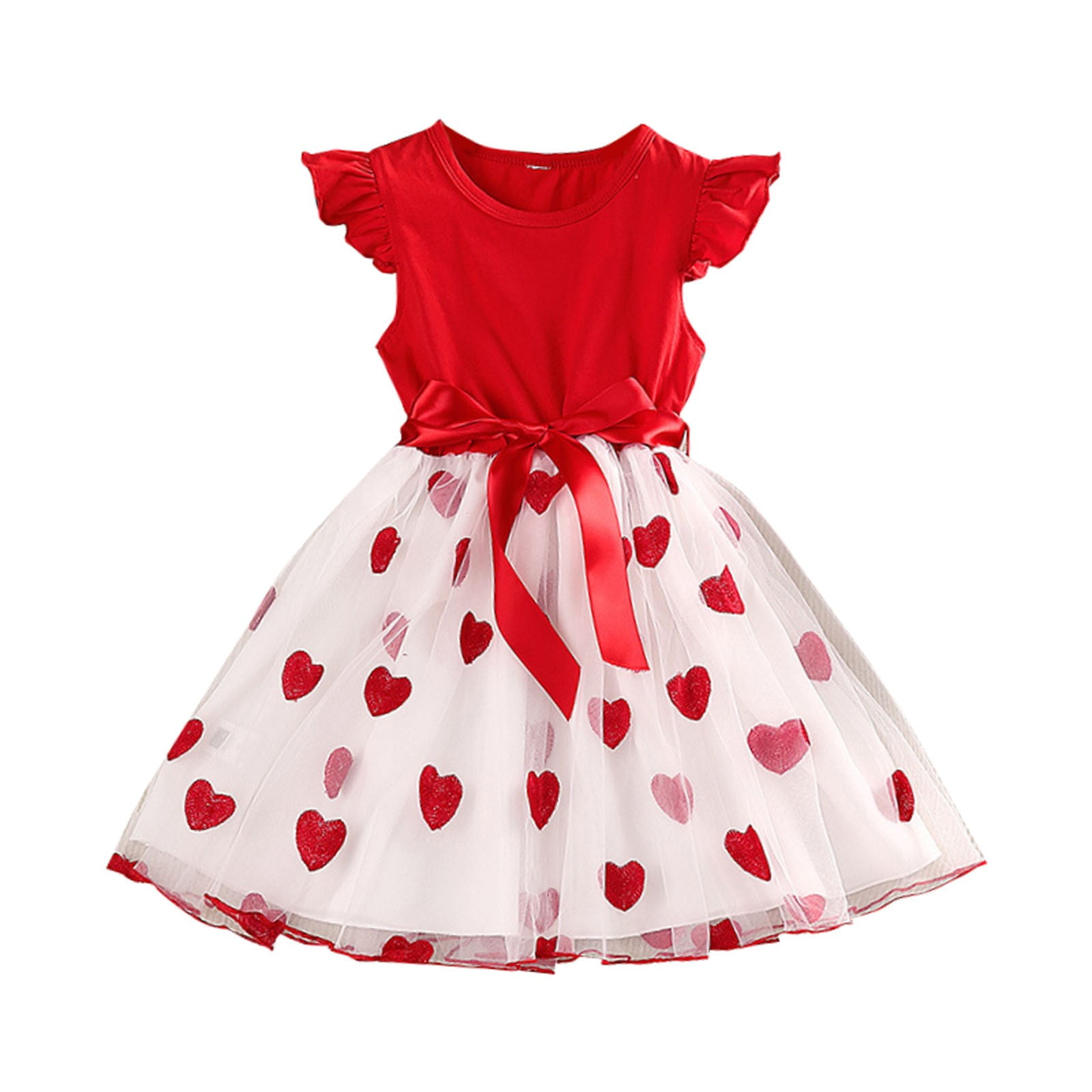 toraway Dresses for Kids 10-12 Puffy Girls 3 To 7 Years Old Party Dress Heart Print Sleeveless Mesh Princess Dress 3-4 Years