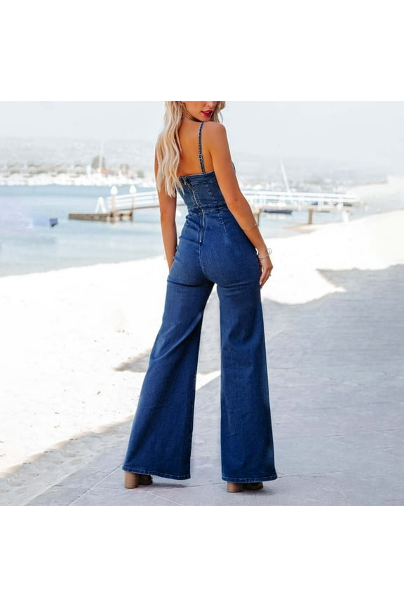 Summer Women Jeans Stretchy High Waist Women's Casual Summer Denim Jumpsuit Cotton Light Washed Blue Neckline Stretchy Slim Fit Pants S