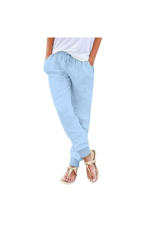 Women Jeans Stretchy Plus Size Womens Pants Cotton Linen Drawstring Back Elastic Waist Pants Casual Trousers with Pockets Light Blue XXL