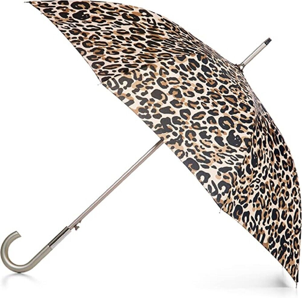totes Large Eco Auto-Open Stick Umbrella with a Classic J Hook Curved Handle, Tonal Tan Leopard, 46"