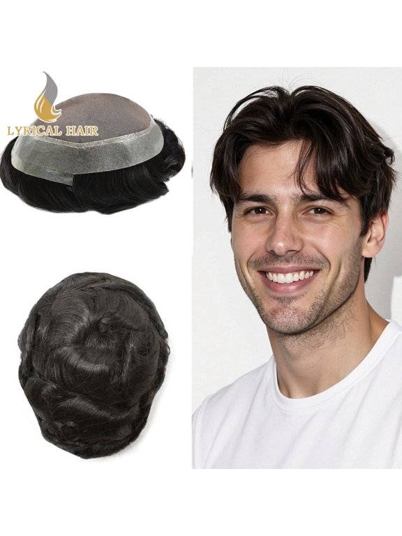 System for Men Fine Mono Mens Toupee Human Hair Piece Thin Skin Toupee for Men Natural Mens Hairpieces 5"X7" #1 JET BLACK