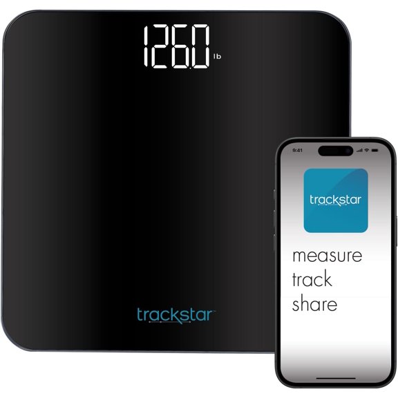 trackstar Black Digital Weight Scale | 440 lb Weight Capacity | trackstar Monitoring App | Bluetooth iOS & Android Compatible | Measure, Track, and Share Results