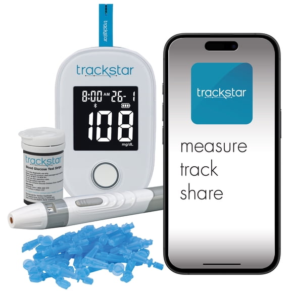 trackstar Blood Glucose Kit | Monitor, Strips, Lancets, Lancing Device | trackstar Monitoring App | Bluetooth iOS & Android Compatible | Measure, Track, and Share Results