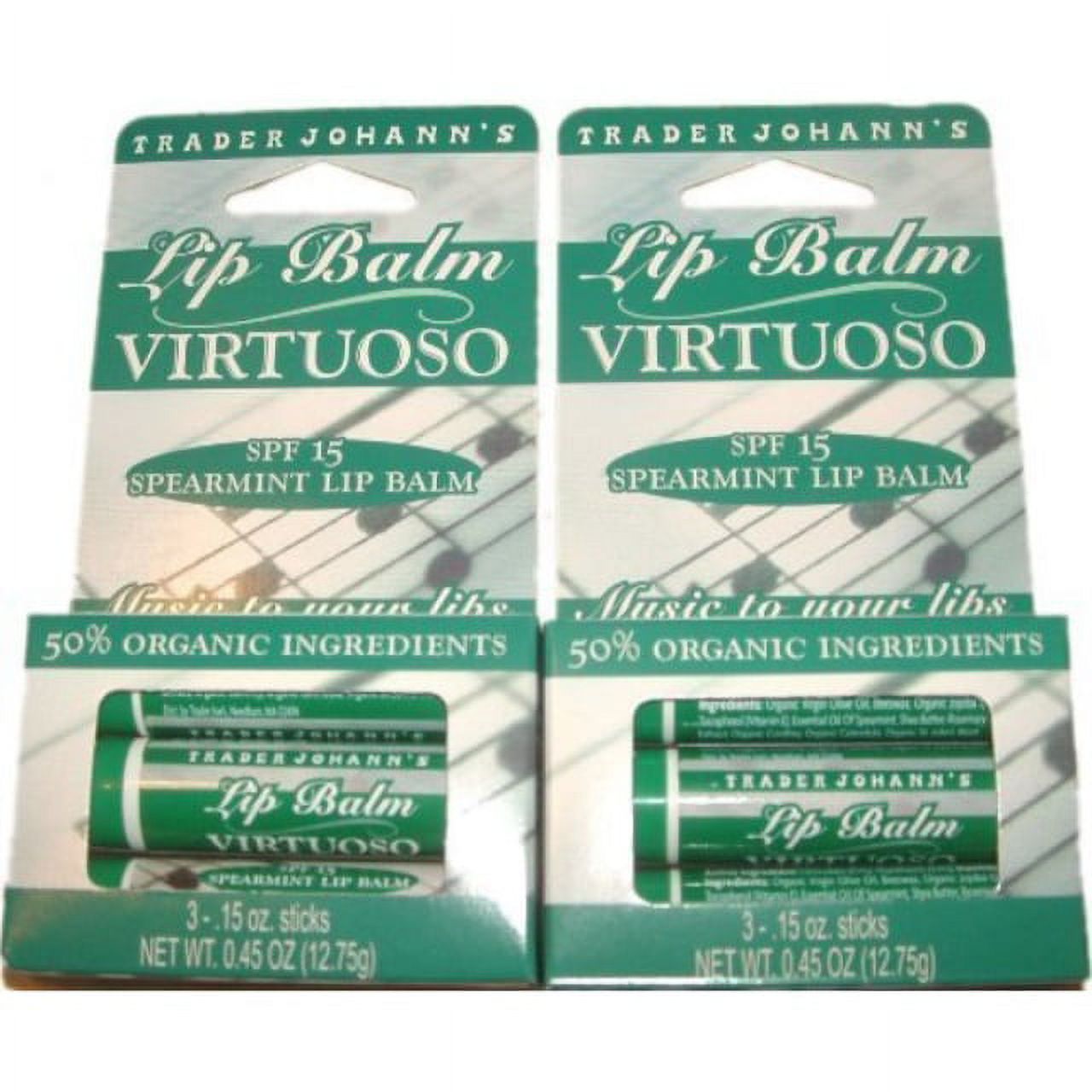 trader joe's organic virtuoso spearmint lip balm spf 15 (2 packs of 3