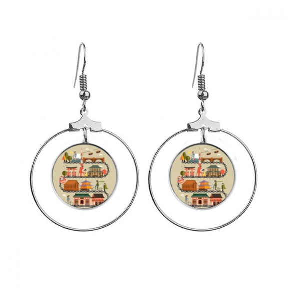 traditional japanese riding landshape map earrings dangle hoop jewelry drop circle