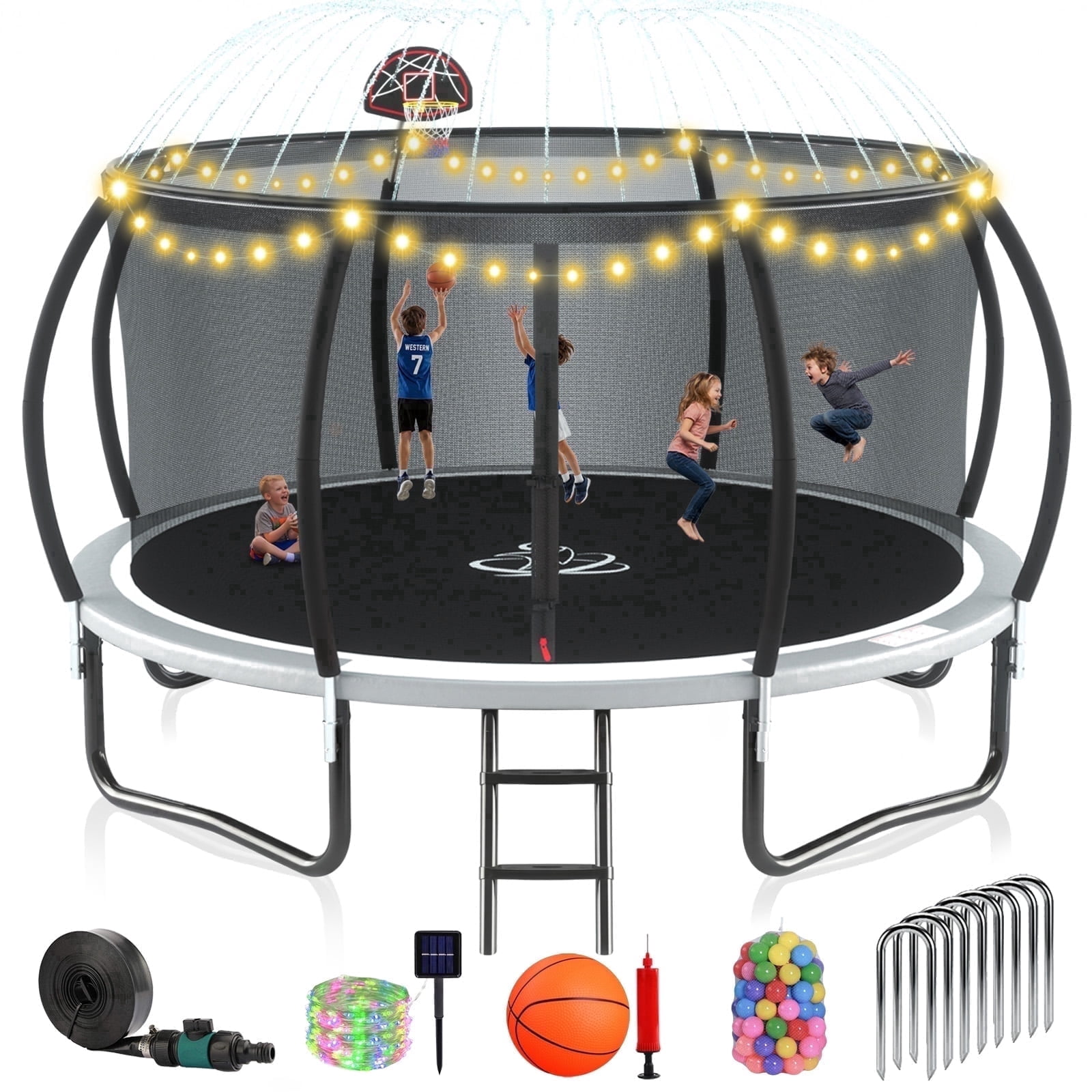 Lumeavetra Outdoor Trampoline for Kids & Adults with Anti-Rust Coating, Safety Enclosure Net, Basketball Hoop, Sprinkler & Ladder, Heavy-Duty Trampolne, Ideal Gift for Boys & Girls Birthday