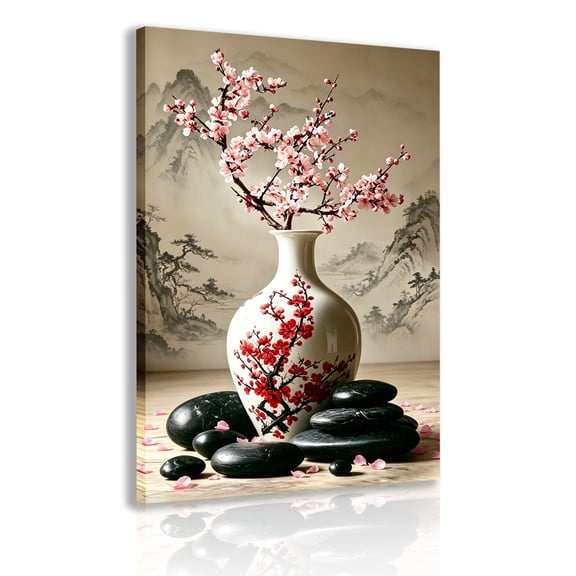 A tranquil Asian Zen-inspired still life wall art piece on a canvas frame, featuring a cherry blossom vase and Zen-inspired stone prints—a simple and soothing home décor.