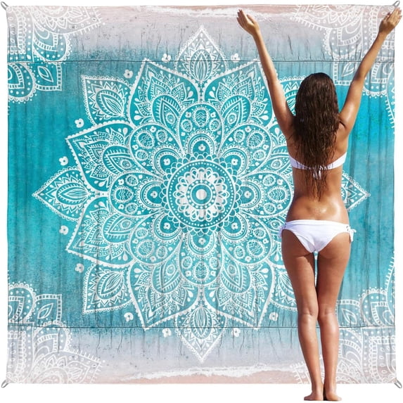 treasurel Boho Sand Proof Beach Blanket Picnic Blankets Waterproof Foldable,79''''×79''''Portable Outdoor Travel Camping Picnic Backpacking Hiking Blanket Mat for Grass Padded Beach, Beach Accessories