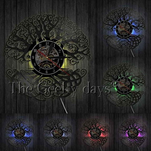 tree Wall Art Wall Clock Sacred Tree Vintage Vinyl Record Longplay Clock Green Life 3D Silhouette Shadow Wall Clock