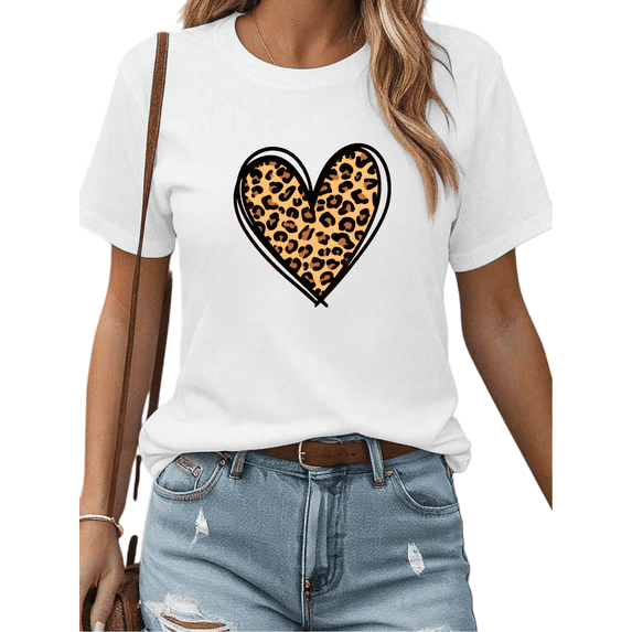 White Graphic Tees Leopard Print Heart Tshirt Shirts S-5XL Trendy Animal Print Classy Cotton Graphic Tops