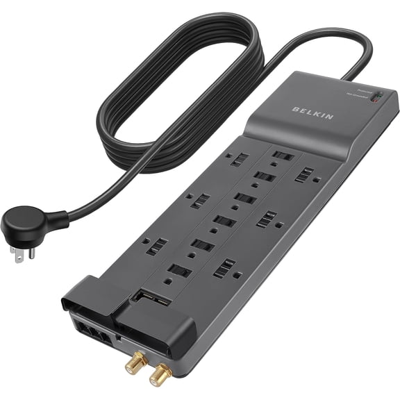 trip Sur Protector with 12 AC Multiple Outlets, 10 ft Long Flat Plug Heavy Duty Extension Cord for Home, Office, Travel, Computer Desktop, Laptop & Phone Charging Bricks (4,156 Joules)