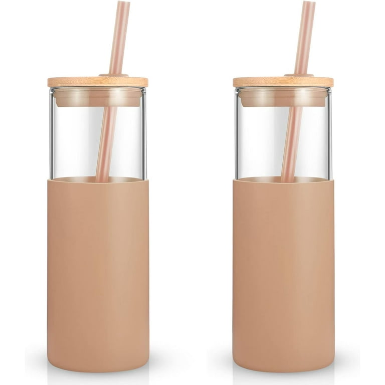 Glass Cup with Bamboo Lids and Straws,24oz Tumbler With Handle,2 Pack  Travel Mug