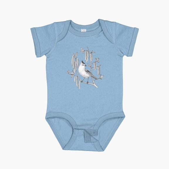 tufted titmouse on catskins on green background Short Sleeve Baby One-Piece - 1229