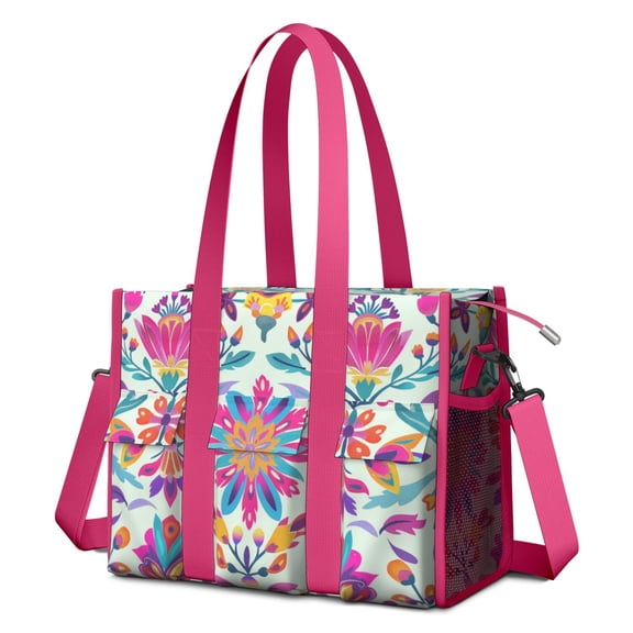 tulip style blossoms colorful petals ornamental leavesLarge Teacher Tote Bag with Laptop Compartment, Multi-Pocket Waterproof Work Tote