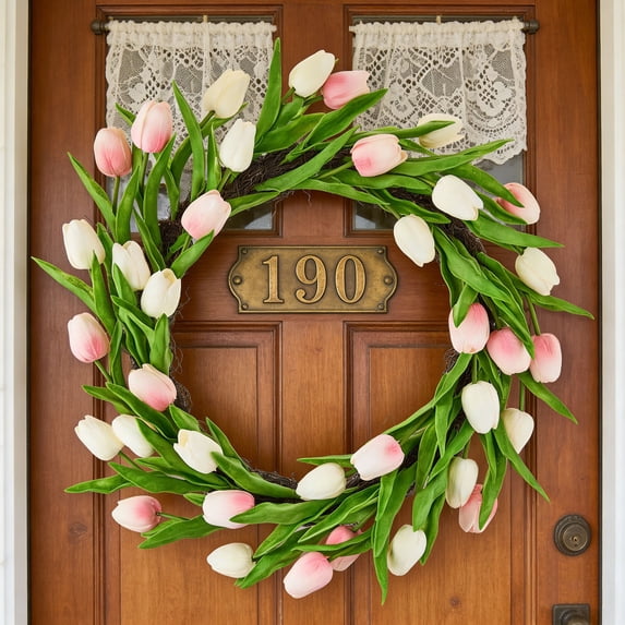 Tulip Wreath Artificial Tulip Wreath Floral Decor 21 Inch Spring Summer Door Hanging with Realistic Tulip Flowers and Leaves forFront Door Wall Porch Home Garden Indoor Outdoor Decoration