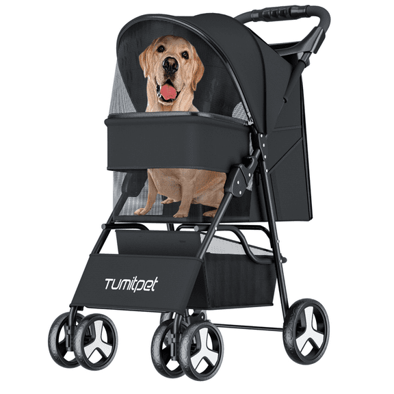 tumitpet 4-Wheeled Lightweight Dog & Cat Stroller with Storage Basket, Black