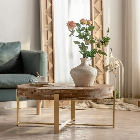 tunuo 31.29"Modern Retro Splicing Round Coffee Table, Fir Wood Table Top with Gold Cross Legs Base