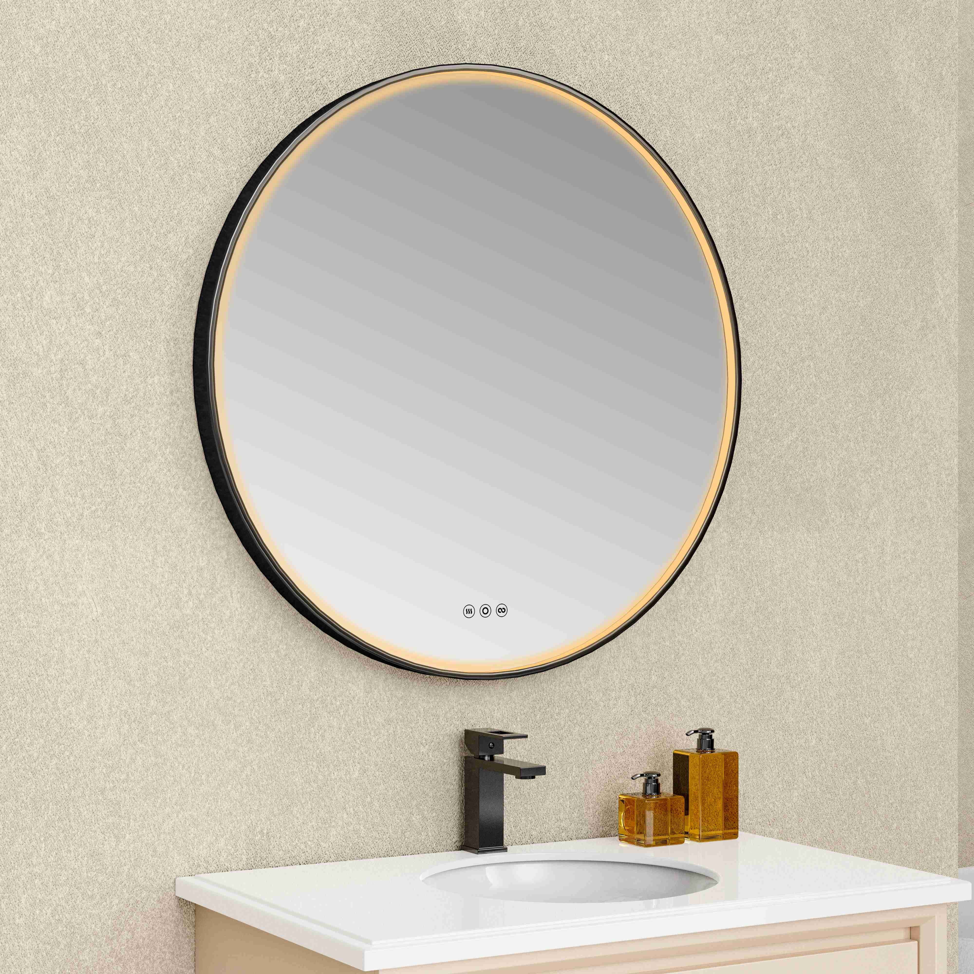 tunuo 32 Inch Round LED Bathroom Mirror Black Metal Framed Wall Mounted ...