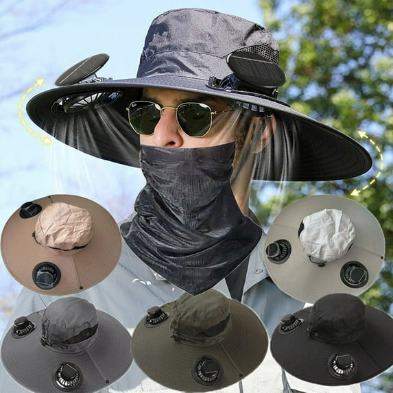 tupukom Summer Solar Fans for Outside Solar Powered Fan Hat Wide Brim Solar Fan Outdoor Fishing Hat Waterproof Outdoor Hiking Camping Fishing Hat