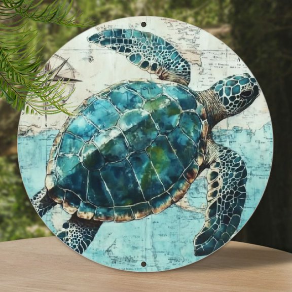 turtle ocean compass Metal Sign Wall Decor, 8x8 inch Wall Art Circular Sign Garden Metal Sign for Home Party Decor