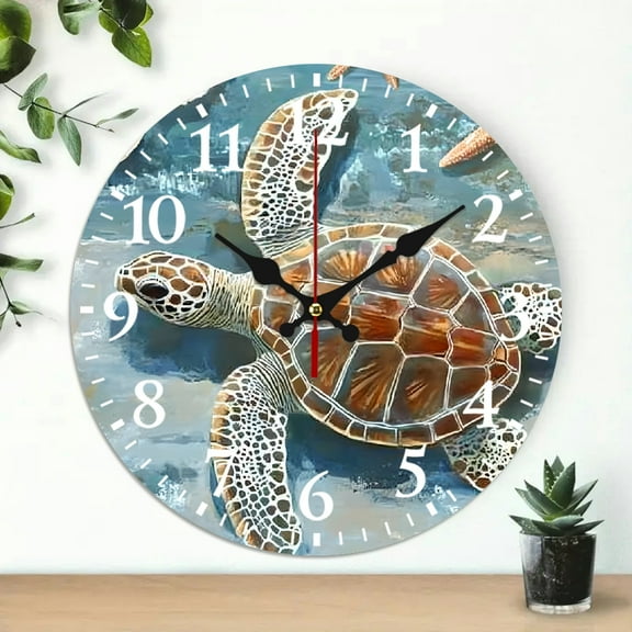 turtle starfish shells Wooden Wall Clock Battery Operated (AA Not Included), Wall art Decor Perfect for Living Room, Dorm, Bedroom, Kitchen, Home Office & More, Wall Clock Living Room