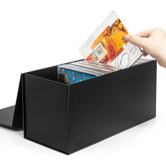 CD Storage Box, DVD Box- Durable 5.2 x 5.75 12 Inch Disc Holders with Lids, Store up to 30 CDs- Black 1 PACK