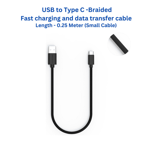twance 0.25 Meter Short Braided Type C to USB 3.1A Fast charging and High Speed data transfer Cable, Black Color, PVC