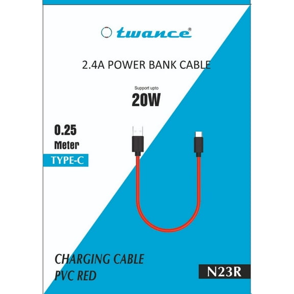 twance 2.4A, 0.25 Meter Short Type C to USB charging Power Bank Cable, Red Color, PVC