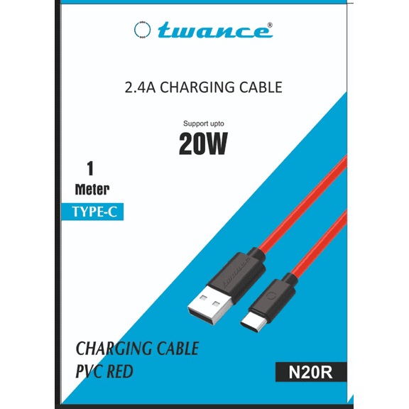 twance 2.4A, 1 Meter Type C to USB charging Cable, Red Color, PVC