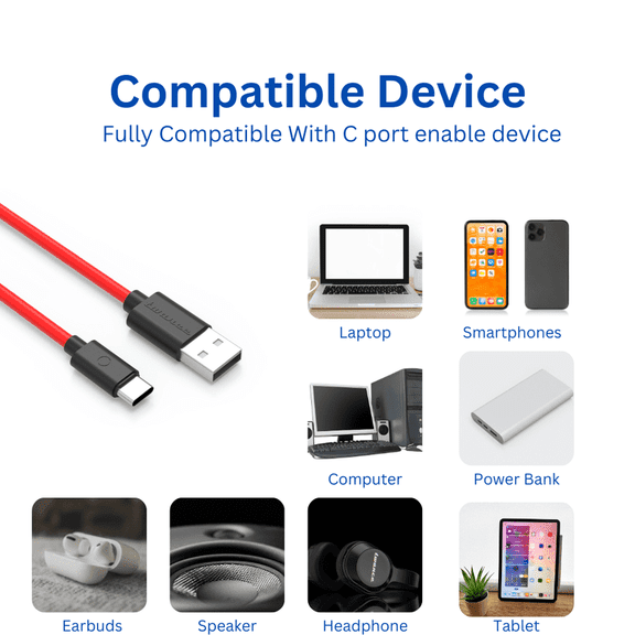 twance 2 Meter long TPE Type C to USB Fast charging and data transfer Cable, Red Color