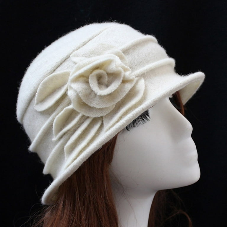Twifer Hats Women's Ladies Elegant Wool Flower Hat Winter Vintage Cloche Bucket Cap, Adult Unisex, Size: One size, White