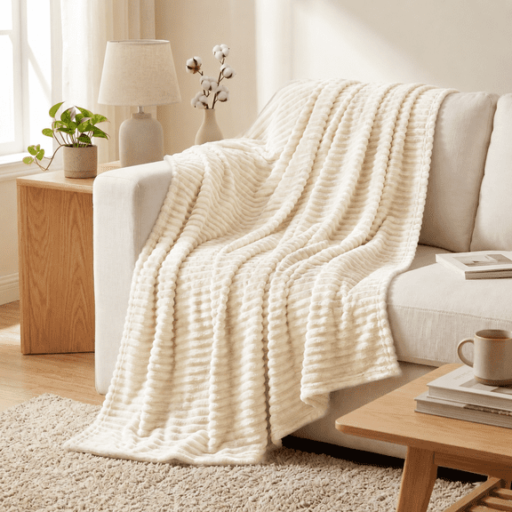 Twin Size Blanket,Extra Soft Strip Blanket, Plush Fuzzy Cozy Bed Blankets and Throws for Couch,Bed,Sofa,Lightweight and Versatile Throws for Office Bedroom Picnic Home Decor,60x80" Beige