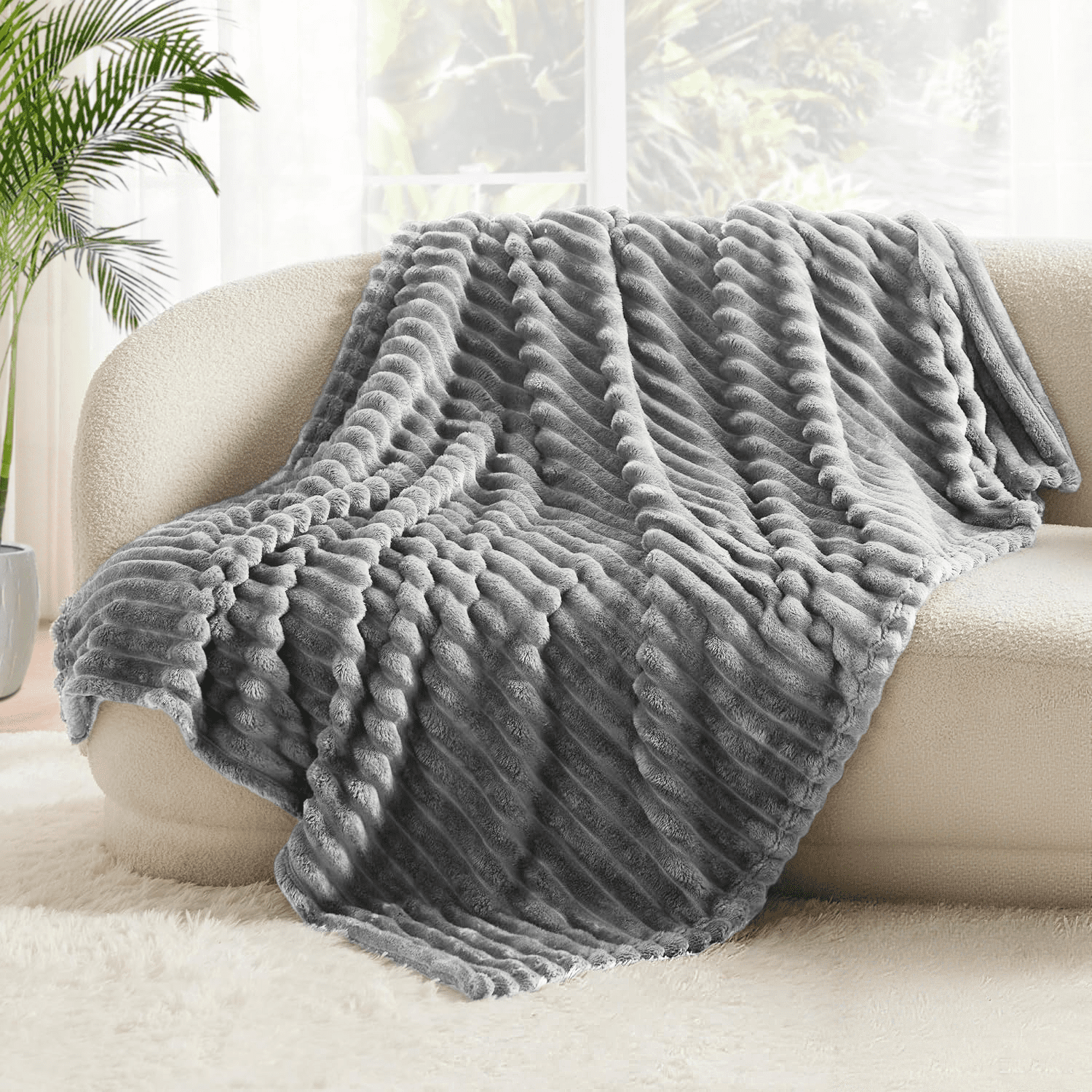 Twin Size Blanket, 230GSM Extra Soft Lightweight Bed Blanket with Strip , Plush Fuzzy Cozy Throws for Couch, Bed, Sofa Cozy, Warm and Breathable, 60x80" Gray