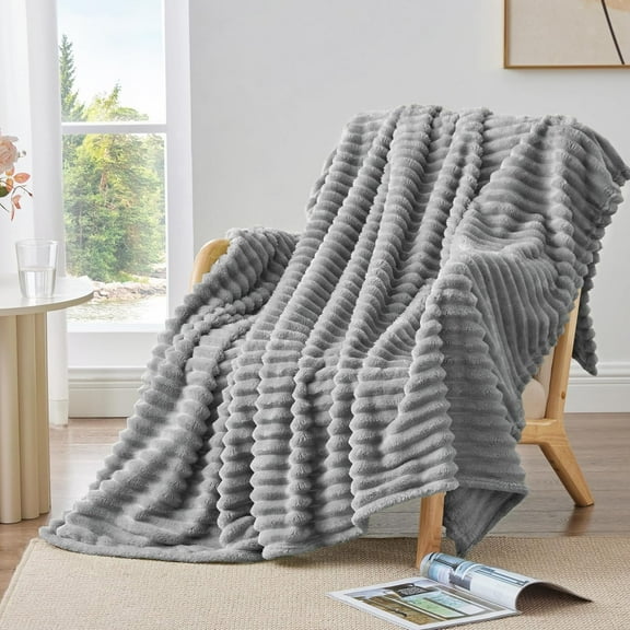 Twin Size Blanket for Couch,Sofa,Bed, 230GSM Super Soft Striped Gray Bed Blanket for Office Picnic Travel Bedroom, Warm Cozy Lightweight Home Decor Throw Blanket for All-Season, 80x60in